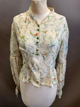 NL, Beige, Green, Blue, Yellow, Orange, Rayon, Bird, Floral, & Leaf Pattern, Mandarin Collar, Button Front, Long Sleeves, Orange, Golden Sand, & Brown Piping on Sleeves & Neck, Tie Up Cuffs, Side Slits