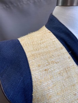 N/L, Butter Yellow, Navy Blue, Solid, Raw Silk, Textured/Homespun Fabric, Contrasting Surplice Neck and Caps at Arm Openings, Asian/Buddhist Monk Inspired