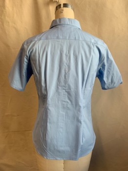 LAND'S END, Lt Blue, Cotton, Spandex, Solid, Button Front, Collar Attached, Short Sleeves