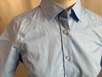 LAND'S END, Lt Blue, Cotton, Spandex, Solid, Button Front, Collar Attached, Short Sleeves