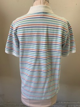 BROOKS BROTHERS, White, Lt Blue, Burnt Orange, Jade Green, Blue, Cotton, Stripes - Horizontal , White Collar Attached, 1/4 Button Front, Short Sleeves