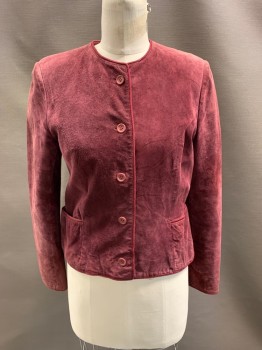 TALBOTS, Raspberry Pink, Suede, Round Neck, Single Breasted, B.F., 2 Pckts, Button Cuffs, Lightly Padded Shoulders, Princess Seams,  Braid Edge Piping Throughout