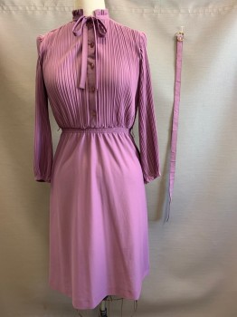 BOSTON MAID, Purple, Polyester, Solid, Dress, L/S, Button Front, Pleated, Ruffled Collar with Neck Tie, Elastic Waist Band
