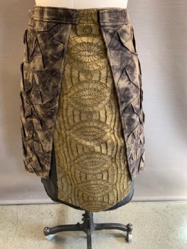MTO, Brown, Mushroom-Gray, Khaki Brown, Tan Brown, Synthetic, Cotton, Mottled, Velcro Snap On Waist Band, Front Slit, With Geometric Pleading Khaki Texture Panel On Front