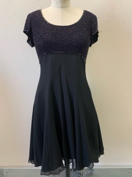 BIEFF BASIX, Black, Purple, Silk, Beaded, Solid, S/S, Round Neck, Beaded Bust And Sleeves, Purple Stitching, Flared Bottom, Back Zipper,