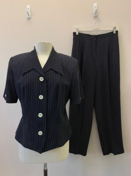VALERIE STEVENS, Black, Off White, Acetate, Polyester, Stripes - Pin, S/S, Button Front, Collar Attached, Button On Sleeves