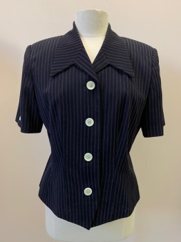 VALERIE STEVENS, Black, Off White, Acetate, Polyester, Stripes - Pin, S/S, Button Front, Collar Attached, Button On Sleeves