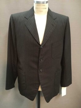 NO LABEL, Brown, Lt Blue, Wool, Stripes - Pin, 3 Button, 3 Patch Pockets, Vertical Pinstripes, Orange Satin Lining,