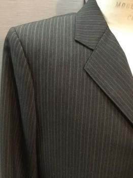 NO LABEL, Brown, Lt Blue, Wool, Stripes - Pin, 3 Button, 3 Patch Pockets, Vertical Pinstripes, Orange Satin Lining,