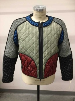 Mto, Lt Gray, Black, Red, Navy Blue, Nylon, Cotton, Color Blocking, Zip Front, Round Neck,  2 Pockets, Quilted Nylon & Fishnet Detail