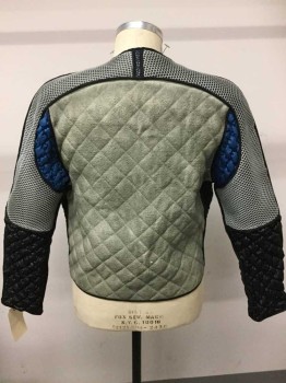 Mto, Lt Gray, Black, Red, Navy Blue, Nylon, Cotton, Color Blocking, Zip Front, Round Neck,  2 Pockets, Quilted Nylon & Fishnet Detail