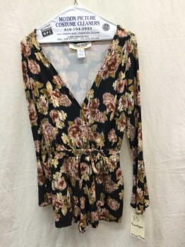 MIMI CHICA, Black, Pink, Taupe, Brown, Polyester, Spandex, Floral, Abstract , Long Sleeves, Bell Slvs, Surplice Top, Self Tie Front, Shorts, 2 Pockets,