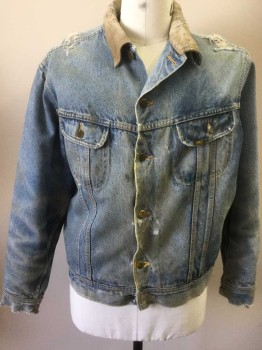 STORM RIDER LEE, Denim Blue, Lt Blue, Tan Brown, Cotton, Acrylic, Solid, Light Faded Denim, Tan Ribbed Texture Collar, Button Front, 2 Pockets, Acrylic Fuzzy Gray Lining, Very Aged/Holey Throughout, Multiples,