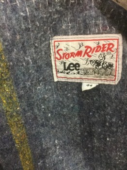 STORM RIDER LEE, Denim Blue, Lt Blue, Tan Brown, Cotton, Acrylic, Solid, Light Faded Denim, Tan Ribbed Texture Collar, Button Front, 2 Pockets, Acrylic Fuzzy Gray Lining, Very Aged/Holey Throughout, Multiples,
