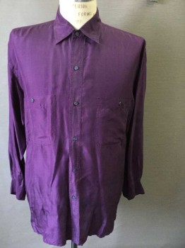 ROBERT STOCK, Aubergine Purple, Silk, Solid, Long Sleeves, Button Front, Collar Attached,  2 Pockets,