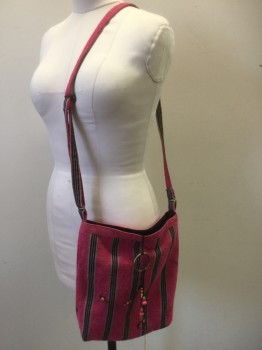 AMERICAN EAGLE, Hot Pink, Black, Silver, Red, Cotton, Stripes, Floral, Hippie Bag, Self Adjustable Straps, Brass Ring with Leather Beaded Tassel