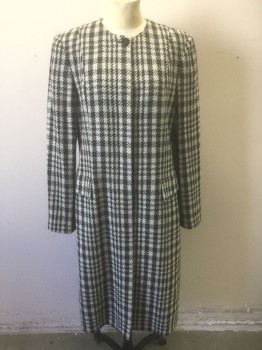 DANA BUCHMAN, Gray, White, Black, Wool, Houndstooth, Single Breasted, Round Neck with No Lapel, Padded Shoulders, Hidden Button Placket, 2 Pockets at Hips, Mid Calf Length,