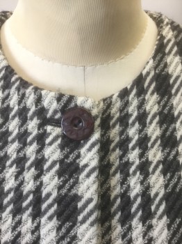 DANA BUCHMAN, Gray, White, Black, Wool, Houndstooth, Single Breasted, Round Neck with No Lapel, Padded Shoulders, Hidden Button Placket, 2 Pockets at Hips, Mid Calf Length,