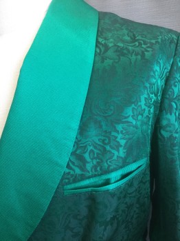 N/L, Dk Green, Emerald Green, Silk, Floral, Solid, Brocade, with Emerald Green Ribbed Shawl Lapel and Trim at 3 Welt Pockets and Cuffs, Long Sleeves, Made To Order, **With Matching Emerald Green Belt with Black Fringed Ends, Multiples,