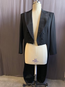 N/L, Black, Wool, Solid, Wide Peaked Lapel with Faille Panel, Double Breasted, Twill, Open at Front, Faille Covered Button Detail, 1 Pocket, Back Button Detail at Waist,