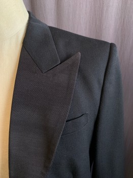 N/L, Black, Wool, Solid, Wide Peaked Lapel with Faille Panel, Double Breasted, Twill, Open at Front, Faille Covered Button Detail, 1 Pocket, Back Button Detail at Waist,