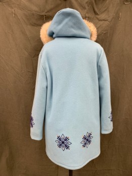 NORTHERN SUN, Baby Blue, Wool, Solid, Embroidered Snowflakes in Navy/Red/Green/Yellow, Zip Front, 2 Pockets, Hood, Cream Fur Hood with Rope Tie with Fur Pom Poms, Interior Drawstring Waist.