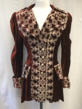 ANNA SUI, Rust Orange, White, Silk, Solid, Velvet Frock Coat, Cream Diamond Embroidery, Cream/Rust/Gold Button Front, Collar Attached, Peaked Lapel, 2 Faux Flap Pockets, Gathered Inset Sleeves, Roll Back Cuff, Gathered at Back Waist, 2 Back Waist Pleats and 1 Vent