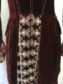 ANNA SUI, Rust Orange, White, Silk, Solid, Velvet Frock Coat, Cream Diamond Embroidery, Cream/Rust/Gold Button Front, Collar Attached, Peaked Lapel, 2 Faux Flap Pockets, Gathered Inset Sleeves, Roll Back Cuff, Gathered at Back Waist, 2 Back Waist Pleats and 1 Vent