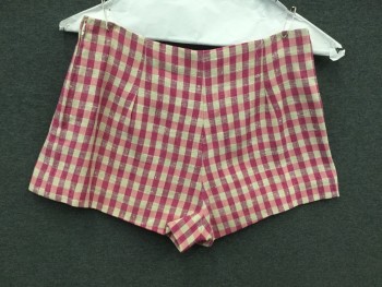 MTO, Magenta Pink, Pink, White, Linen, Plaid, Shorts, Flat Front, Side Zip