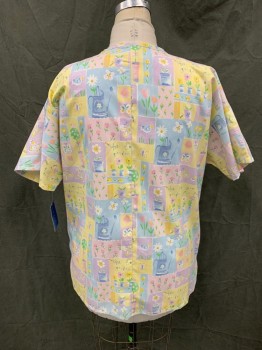 BARCO, Lt Yellow, Lt Blue, Pink, Green, White, Poly/Cotton, Floral, Patchwork, Snap Front, V-neck, Short Sleeves, 2 Pockets