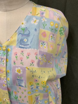 BARCO, Lt Yellow, Lt Blue, Pink, Green, White, Poly/Cotton, Floral, Patchwork, Snap Front, V-neck, Short Sleeves, 2 Pockets