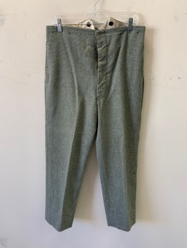 N/L, Sage Green, Wool, Solid, Heathered, Button Fly, 2 Pockets, Flat Front,