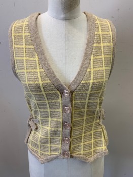 SPARROW, Ecru, Yellow, Wool, Nylon, Plaid-  Windowpane, Stripes - Horizontal , Button Front, 5 Buttons, Clear Plastic Buttons, Back Pleats, Back Vents, Side Tie Adjustments
