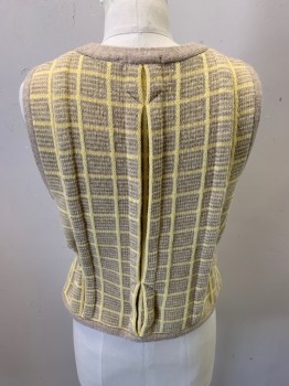 SPARROW, Ecru, Yellow, Wool, Nylon, Plaid-  Windowpane, Stripes - Horizontal , Button Front, 5 Buttons, Clear Plastic Buttons, Back Pleats, Back Vents, Side Tie Adjustments