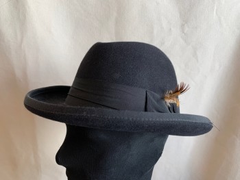 SELENTINO, Black, Fur, Grosgrain Hat Band with Bow, Feather in Hat Band, Felted Fur,