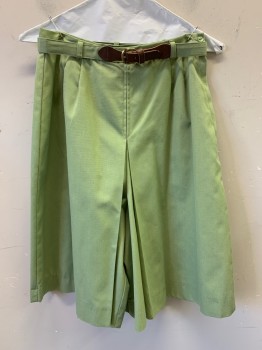 QUEEN CLASSICS, Lt Green, Cotton, *Matching Belt with Brown Leather Ends, Culottes, Pleated Front, Zip Side, Button Side