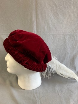 MTO, Red Burgundy, Cotton, Velvet Floppy Hat, Scrunched Edges, with Larger White Feather