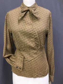 N/L, Brown, Black, Polyester, Rayon, Basket Weave, Geometric, Collar Attached W/self Bow-tie, Gathered Yoke Design Front, Long Sleeves, Hidden Button Back, Matching 1st (only) Back Button and cuffs
