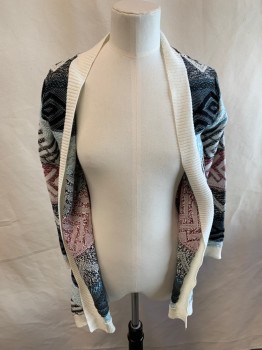 TUCKER TATE, White, Black, Faded Red, Cotton, Chevron, Diamonds, Long Sleeves, Shawl Front, Rib Knit Wastband Cuffs and Neckline