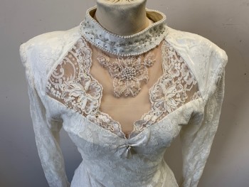 MTO, Off White, Nylon, Spandex, Floral, Long Sleeves, Stretch Floral Lace, Beaded Applique, Illusion Sweetheart Neckline, Collar Band, Plunging Scoop Back, Back Zipper, Ruffled Hi-lo Hem,