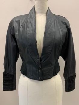 CHIA, Black, Leather, Solid, L/S, Snap Button Front, Shawl Collar, Suede Sides And Cuffs Shoulder Pads