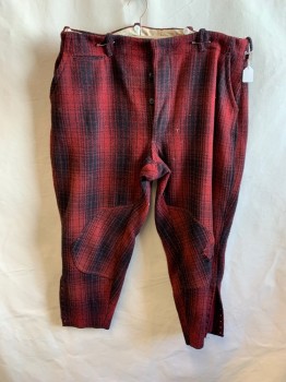 DRYBAK, Red, Black, Wool, Plaid, Breeches, Side Pockets, Button Front, 2 Welt Pockets, Perforations for Laces on Side Hems *Missing Laces, Distressed