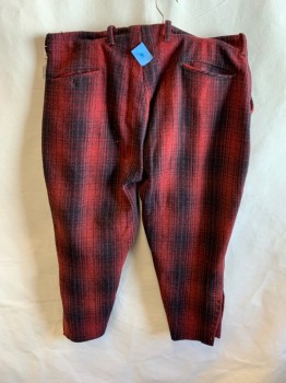 DRYBAK, Red, Black, Wool, Plaid, Breeches, Side Pockets, Button Front, 2 Welt Pockets, Perforations for Laces on Side Hems *Missing Laces, Distressed