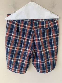 BROOKS BROTHERS, Navy Blue, Dusty Red, White, Cotton, Plaid, Zip Front, Button Closure, 4 Pockets