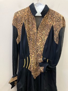 CACHE, Black Rayon with Leopard Accents On Bodice And Sleeve Cuffs, Stand Collar, V-N, Zip Front, Shoulder Pads, Mesh L/S, with Novelty Turned Up Cuffs, Inset Wide Waistband Elastic Rouched In Back, Double Pleats Front Bodice/pant Welt Pocket,