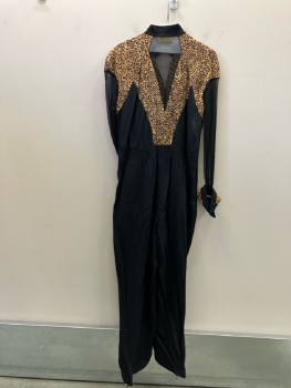 CACHE, Black Rayon with Leopard Accents On Bodice And Sleeve Cuffs, Stand Collar, V-N, Zip Front, Shoulder Pads, Mesh L/S, with Novelty Turned Up Cuffs, Inset Wide Waistband Elastic Rouched In Back, Double Pleats Front Bodice/pant Welt Pocket,