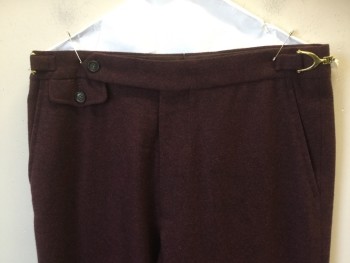 N/L, Maroon Red, Black, Wool, Heathered, 1-1/2" Waist Band, 1 Button Front, 2 Gold Side Buckle, 5 Pockets, Flat Front, Zip Front,