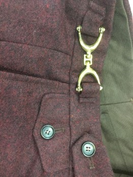 N/L, Maroon Red, Black, Wool, Heathered, 1-1/2" Waist Band, 1 Button Front, 2 Gold Side Buckle, 5 Pockets, Flat Front, Zip Front,