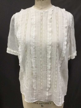 M.T.O., White, Cotton, Lace, Solid, Button Back, Gathered Shoulder Short Sleeve, Pintuck/Lace Stripes, Lace Sleeve Hem,