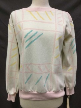 PETITE PROJECTIONS, Lt Pink, Off White, Yellow, Sea Foam Green, Poly/Cotton, Novelty Pattern, Long Sleeves, Pink Rib Knit Trim, Boat Neck